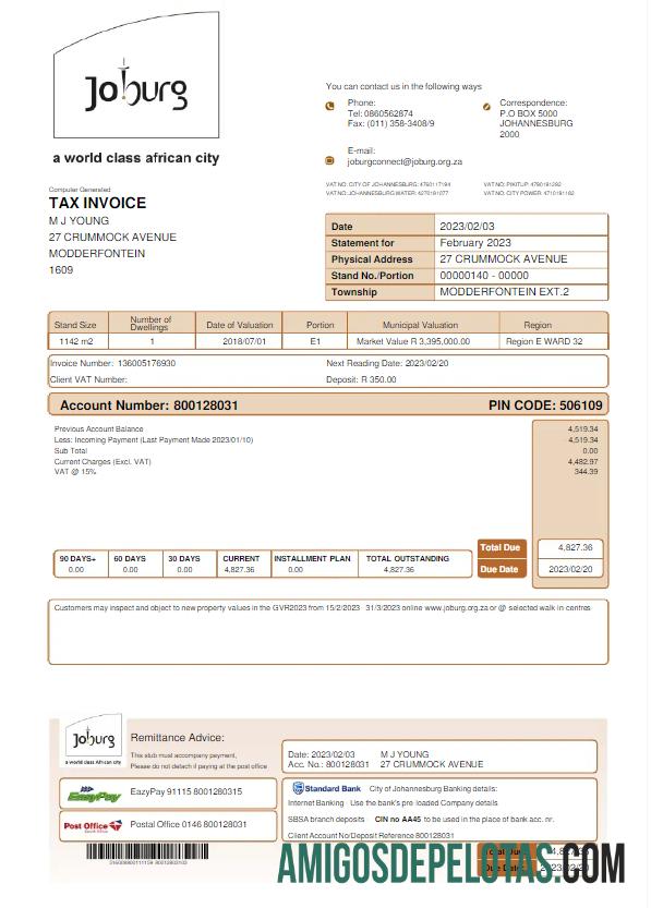 realista ÁFRICA DO SUL JOBURG Modelo Word e PDF de conta de serviços públicos
